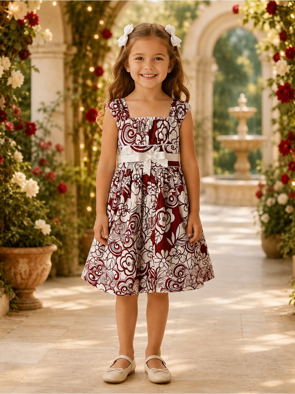 Bonnie Jean Girls Size 5 Red Ivory Floral Fit & Flare Dress Bow EUC